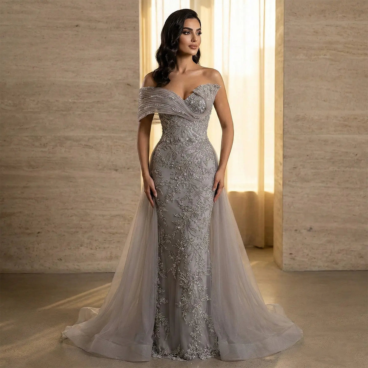 Luxury Gray Off-the-Shoulder Beaded Sheer Mermaid Evening Dress SS527 