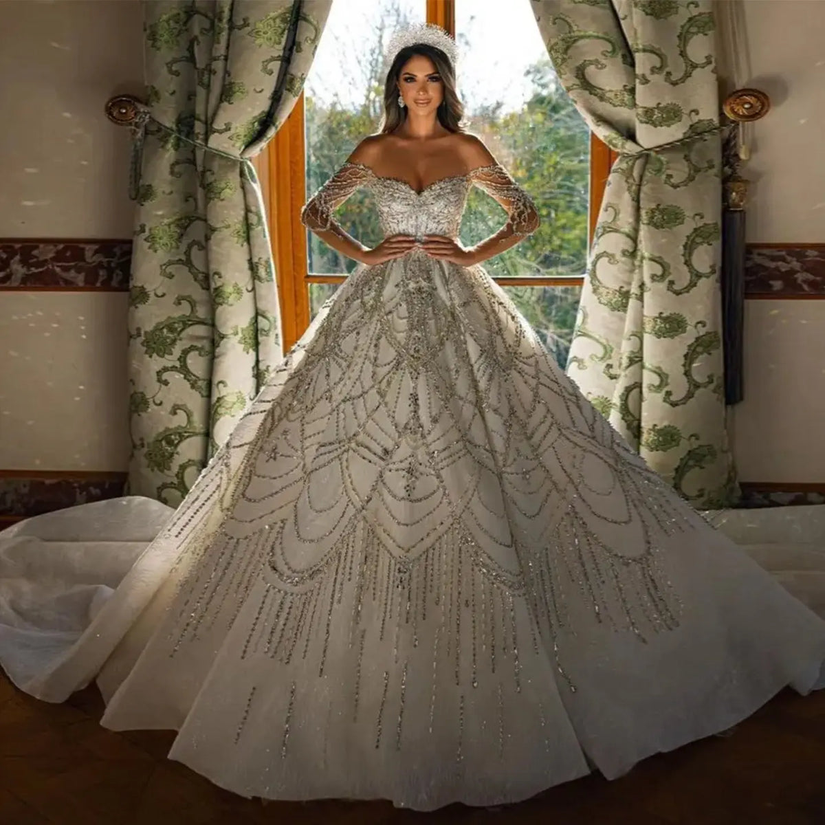 Luxury Beaded Long Sleeve Ball Gown Wedding Dress SW515 