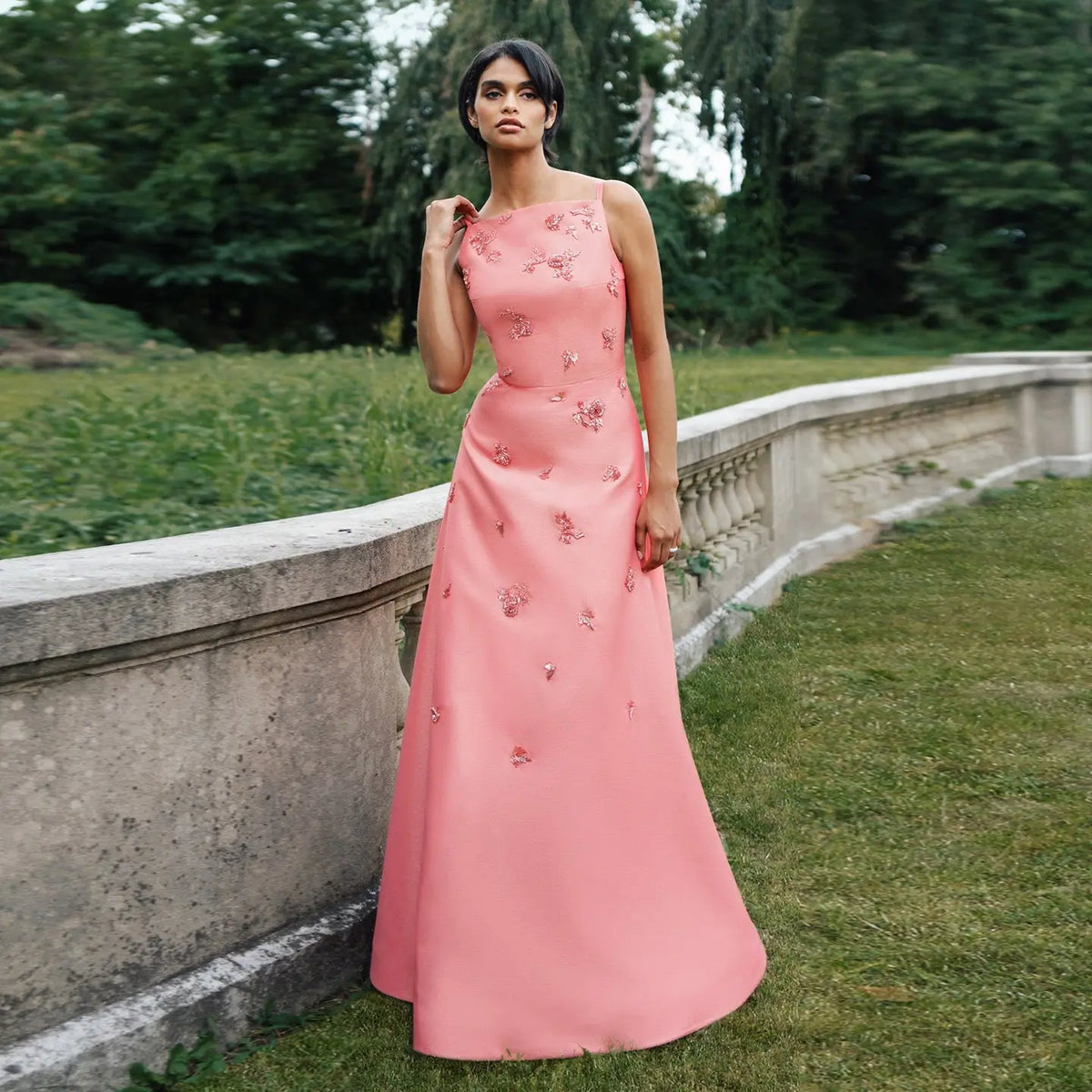 Luxury Pink Satin Evening Dress with Scattered Floral Appliqués SF302