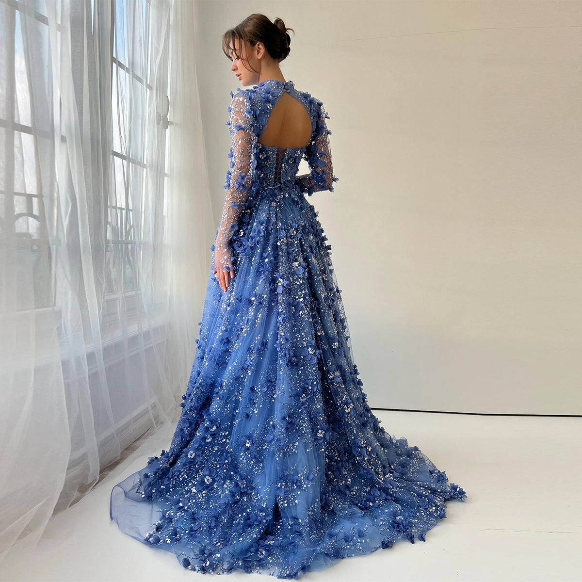 Luxury Royal Blue 3D Floral Beaded Evening Dress with Overskirt SS647 