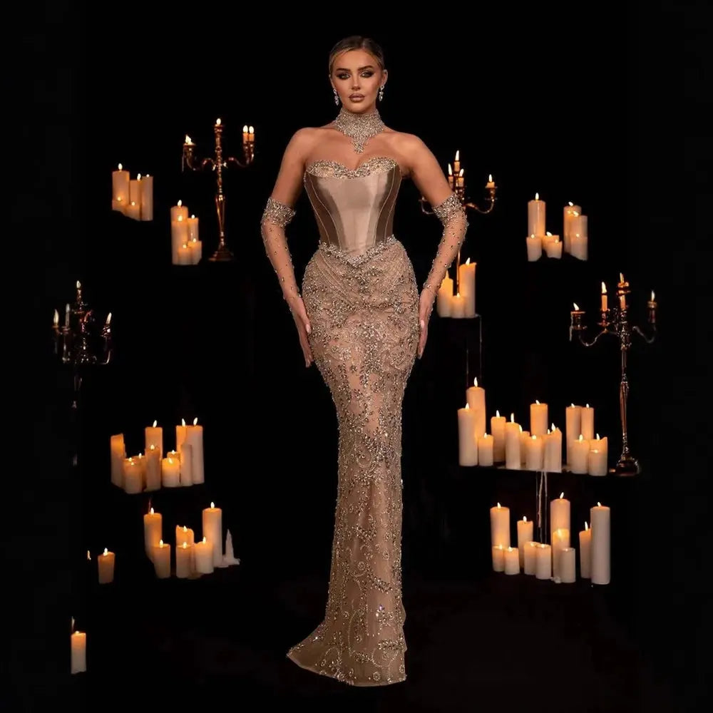 Luxury Beaded Mermaid Evening Dress with Scarf and Gloves SS069 Luxury Beaded Mermaid Evening Dress with Scarf and Gloves SS069