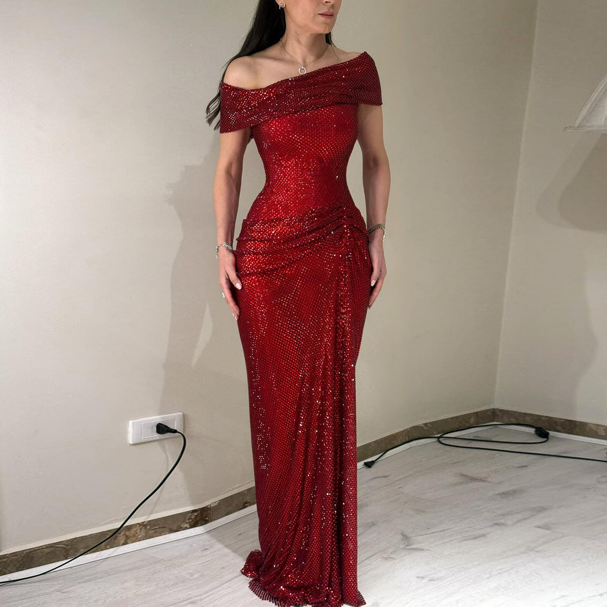 Luxury Wine Red Off-Shoulder Sequin Folds Evening Dress SS670 