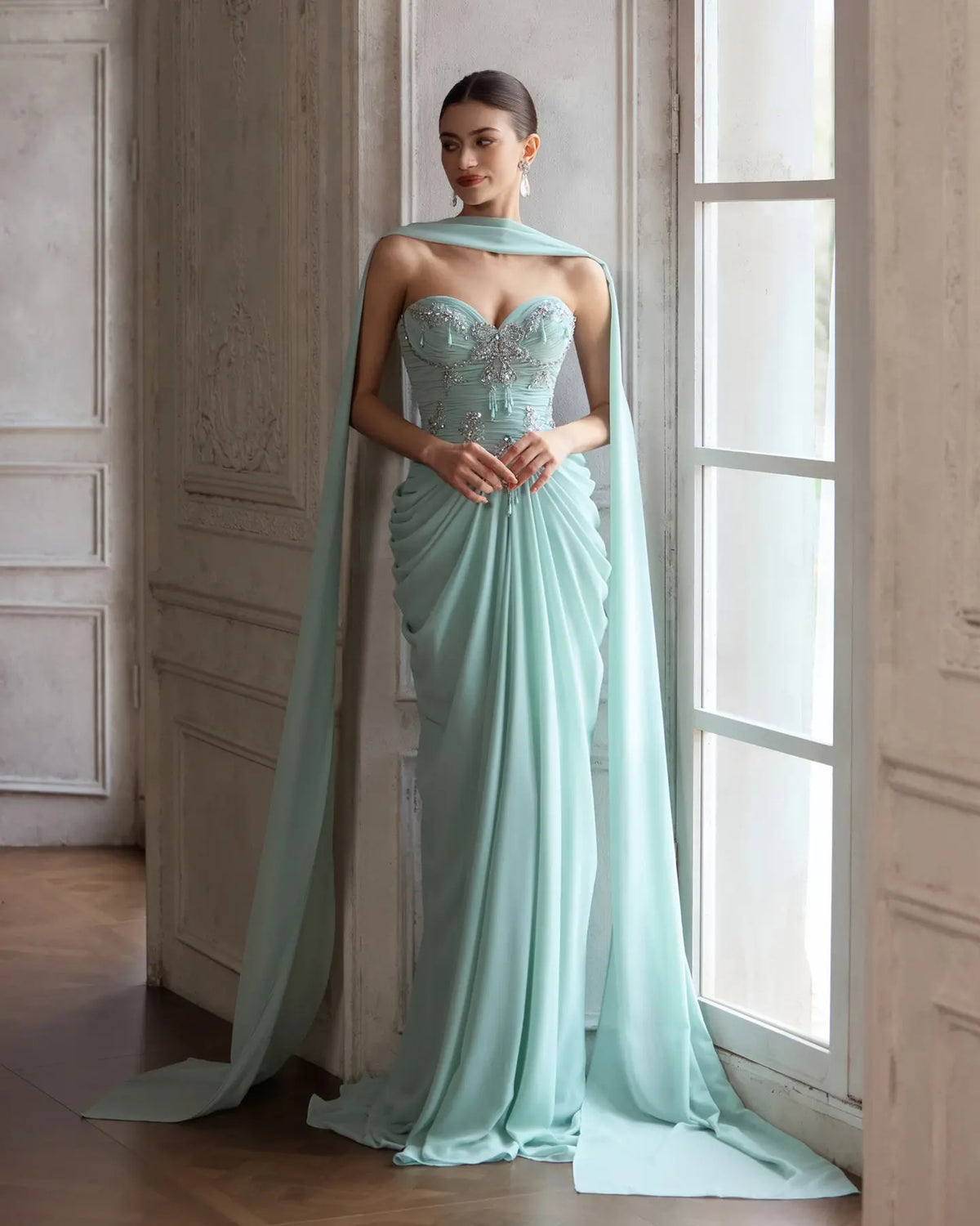 Aqua Beaded Evening Dress with Cape-1