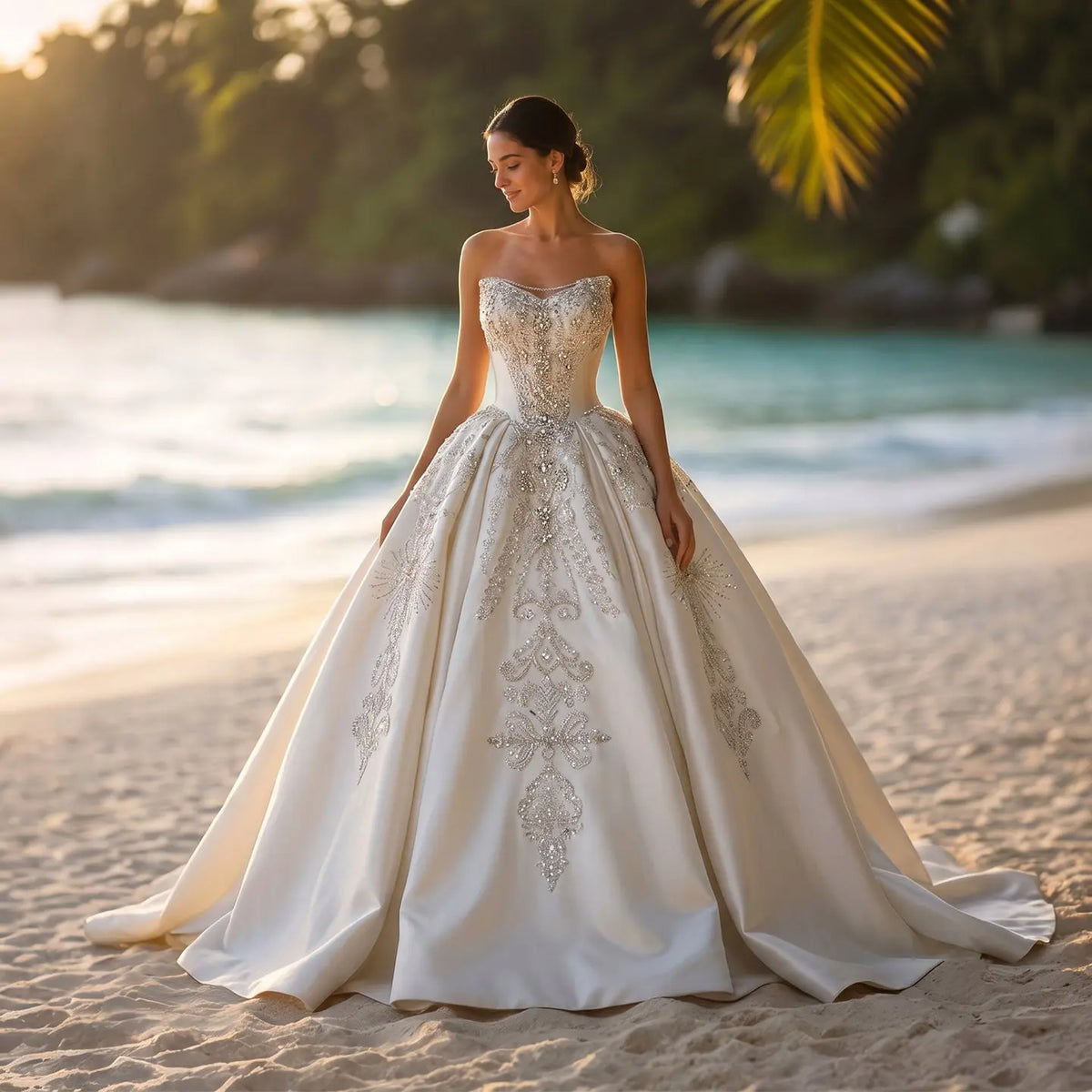 White Satin Strapless Beaded Lace Ball Gown SW676