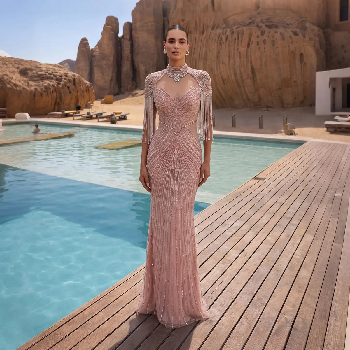 Pink Crystal Embellished Mermaid Gown with Shoulder Tassel Details SS067