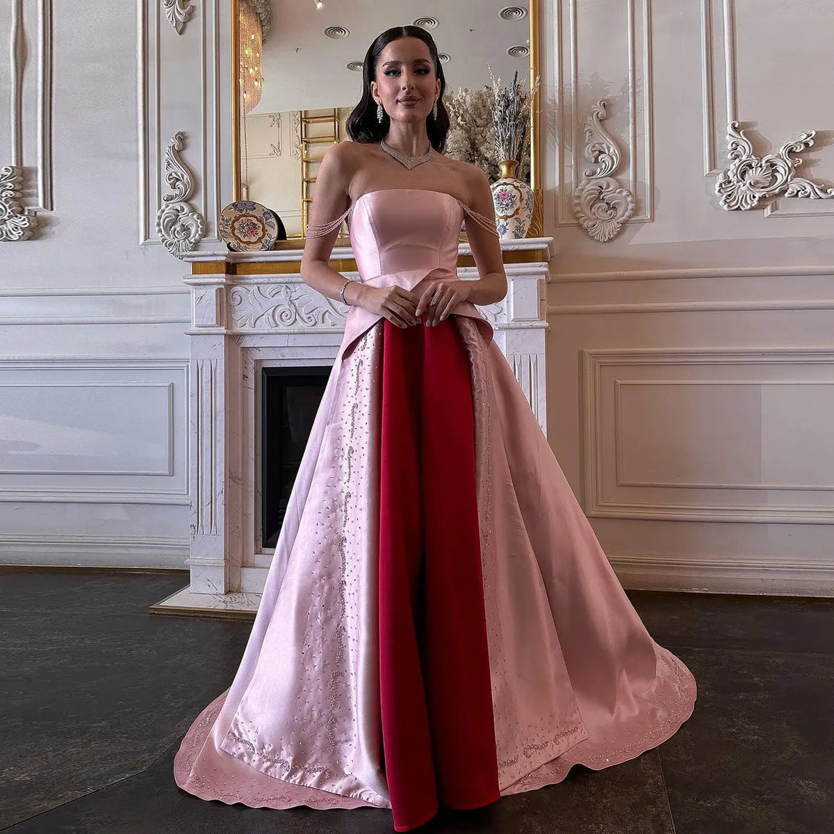 Elegant Strapless Pink and Red Two-Tone Evening Dress SS244 Elegant Strapless Pink and Red Two-Tone Evening Dress SS244