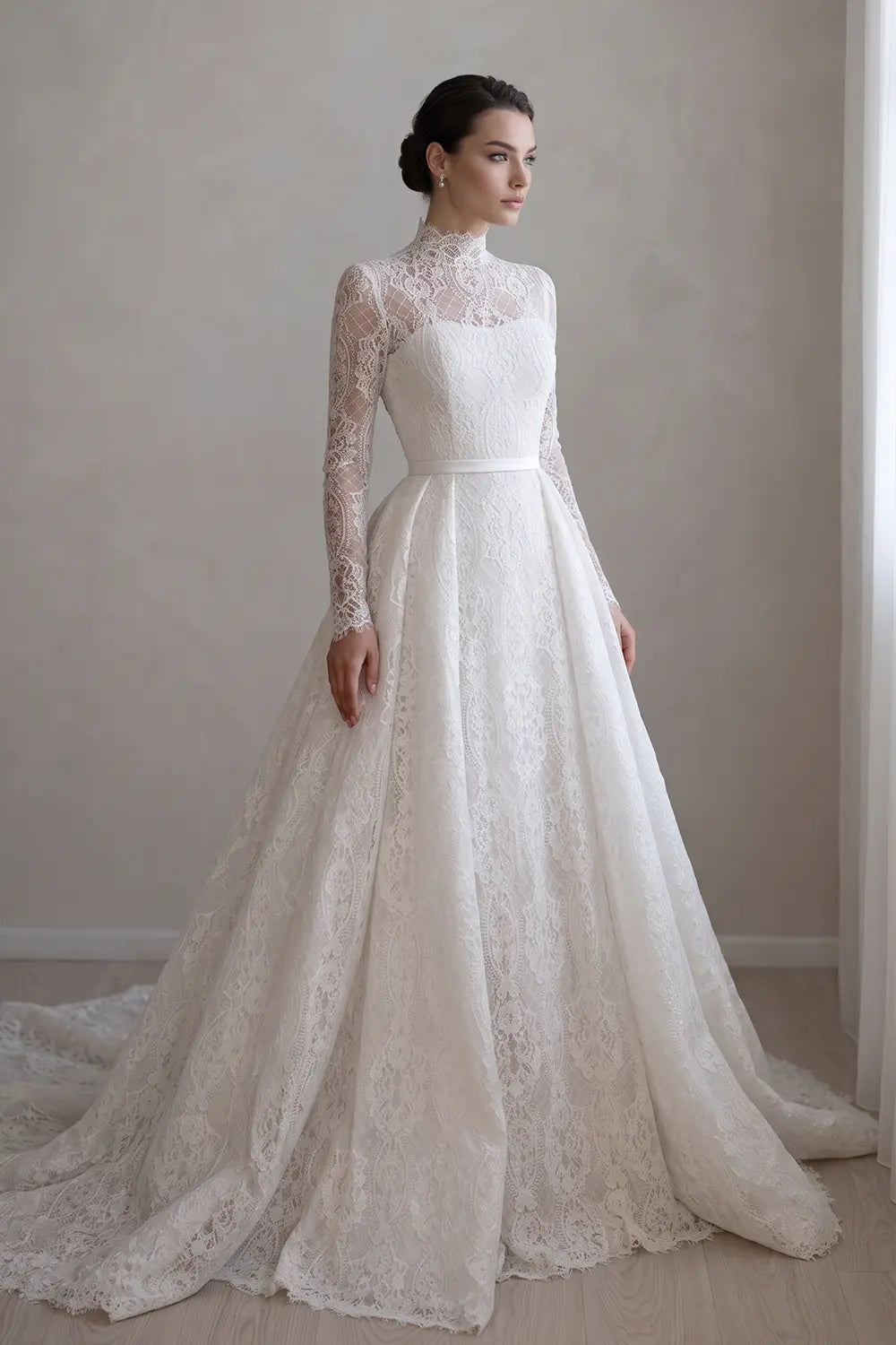 White High Neck Lace Overskirt Wedding Dress SW541