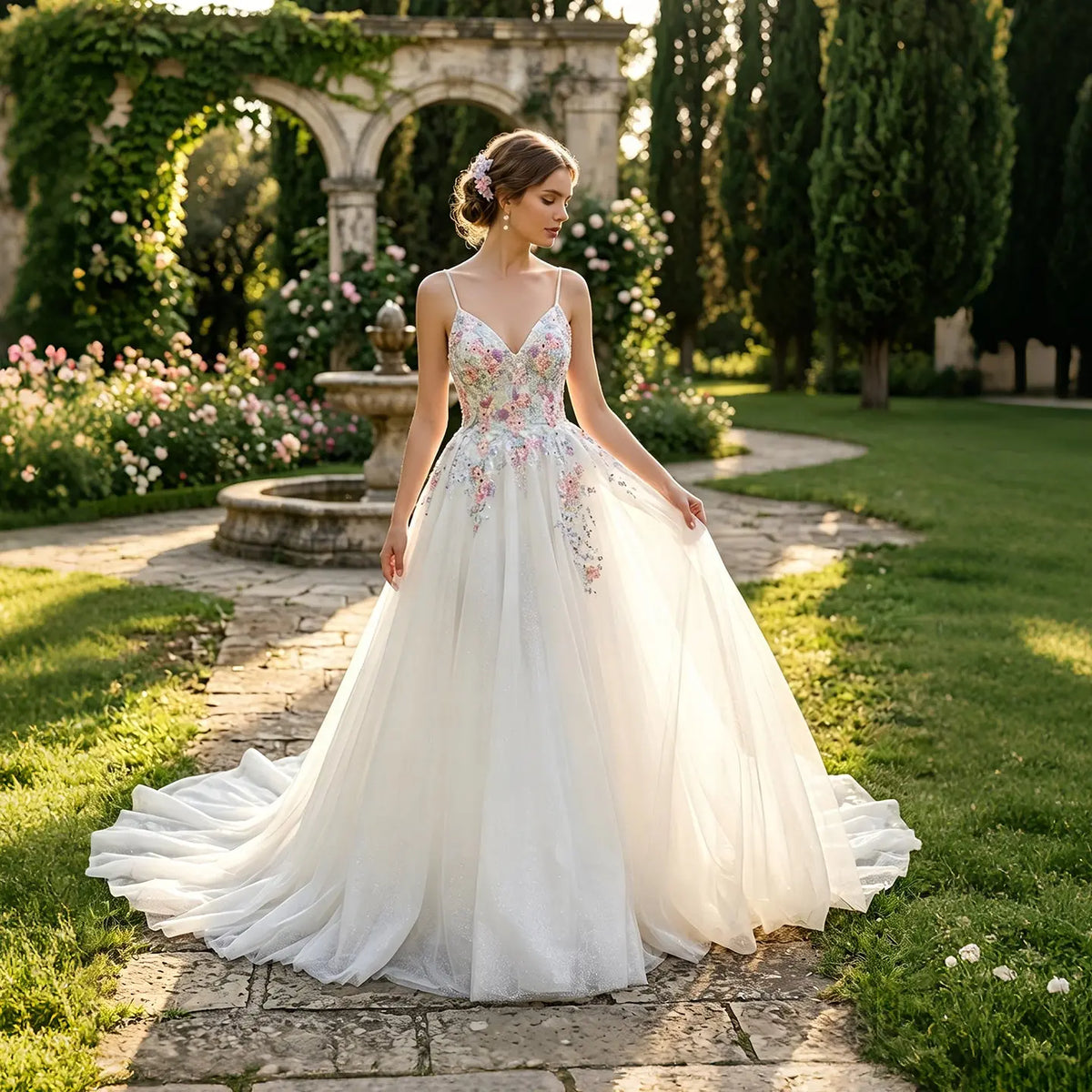 Glamorous Colorful Floral Applique A-Line Tulle Wedding Dress with Train SW704 Glamorous Colorful Floral Applique A-Line Tulle Wedding Dress with Train SW704