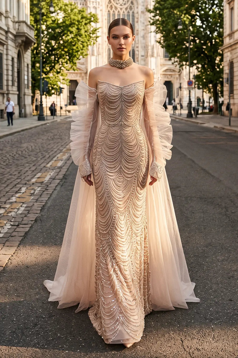 Luxury Beading Tassel Evening Dress with Cape Sleeves SS535