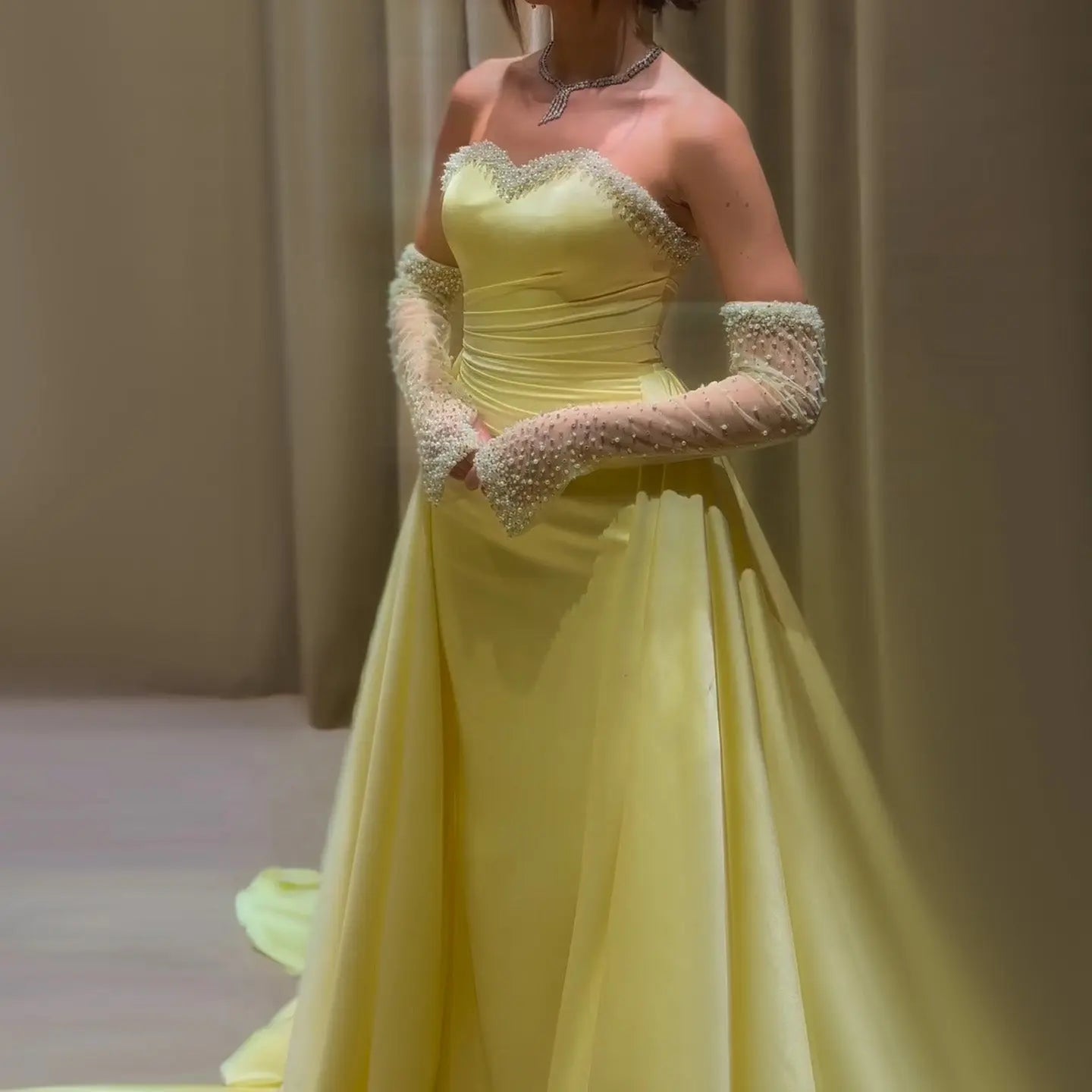 Final Sale Elegant Sweetheart Yellow Evening Dress with Gloves SS586