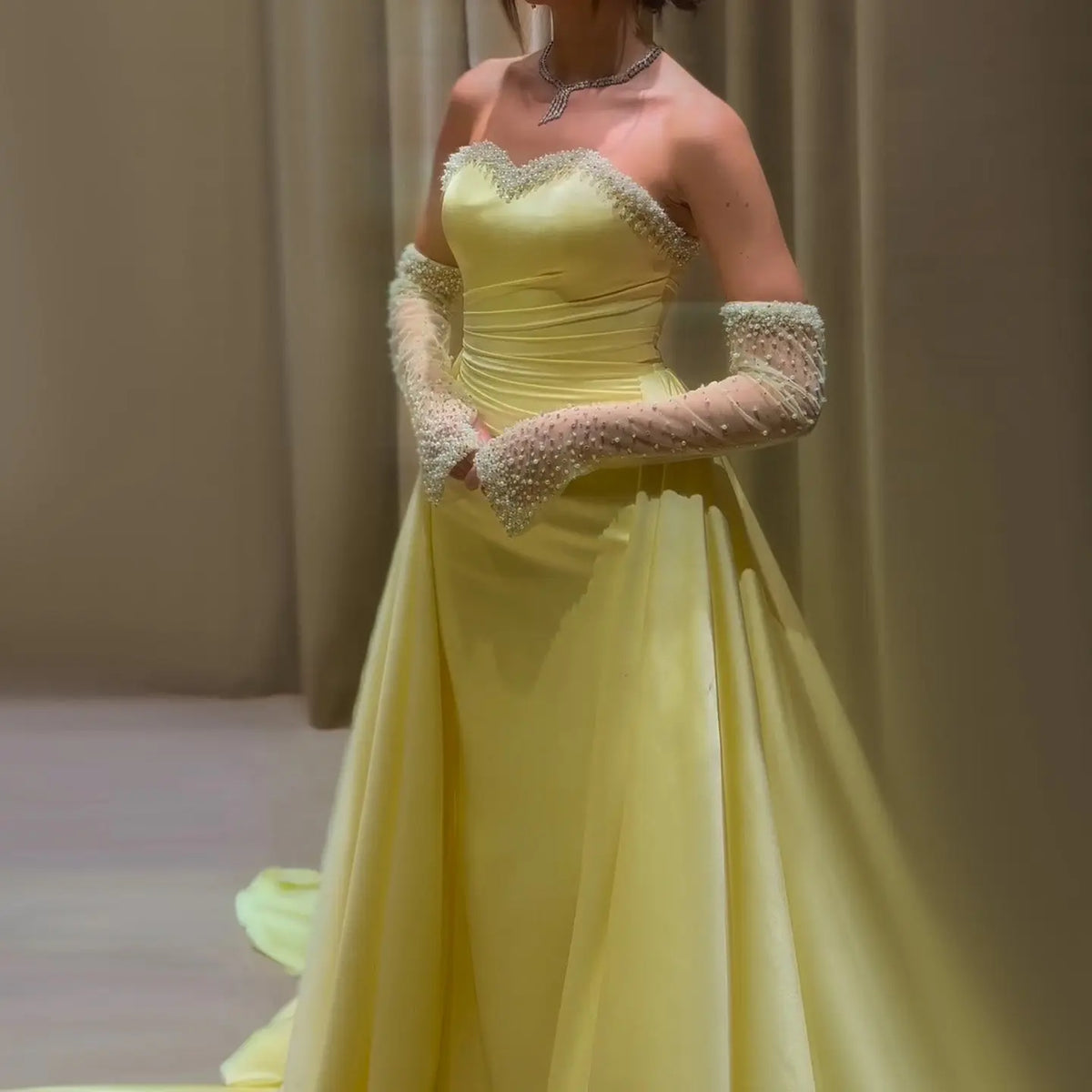 Elegant Sweetheart Yellow Evening Dress with Gloves SS586 - SHARONSAID Elegant Sweetheart Yellow Evening Dress with Gloves SS586 - SHARONSAID