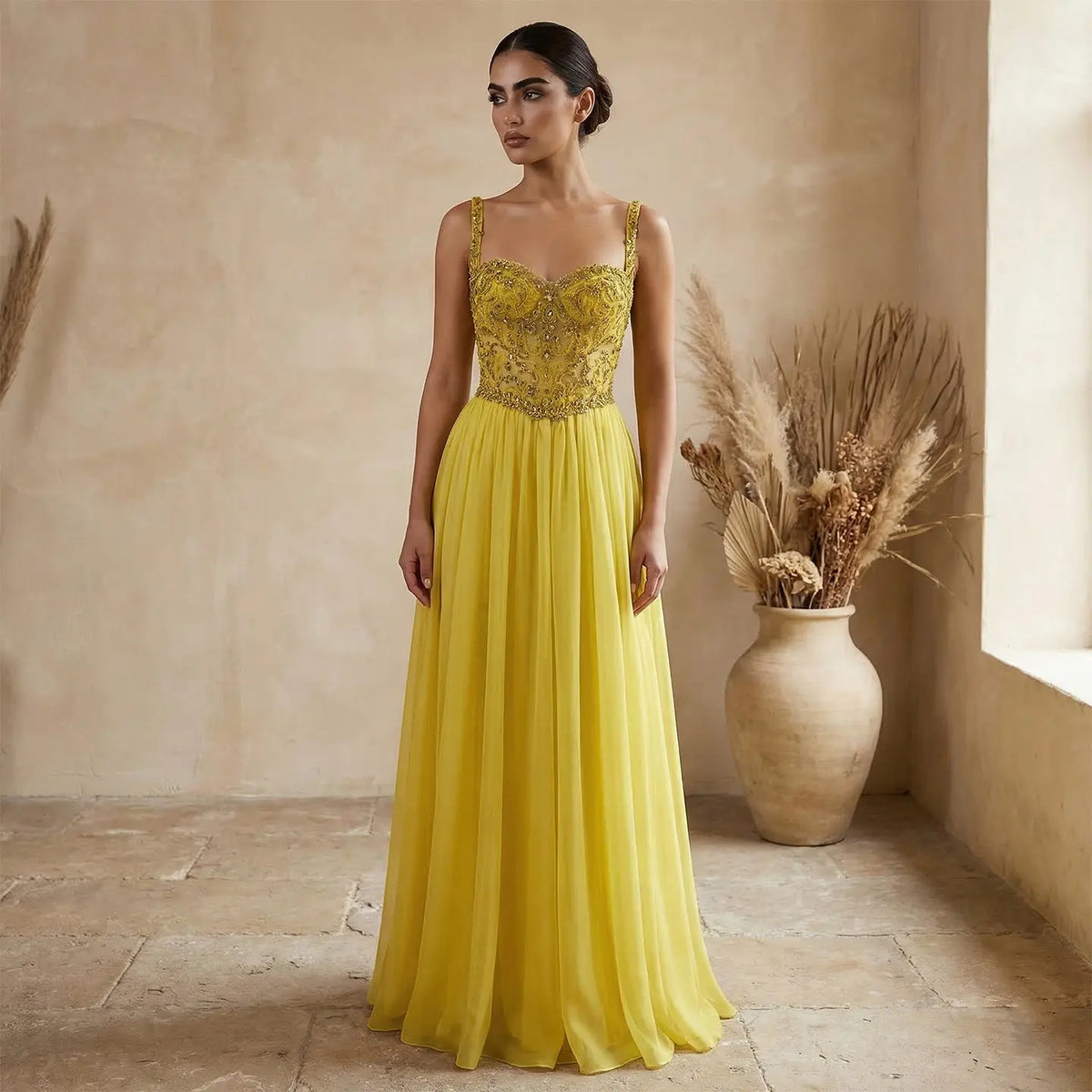 Luxury Yellow Sweetheart Neck Crystal Sequin Tulle A-line Evening Dress SS387 