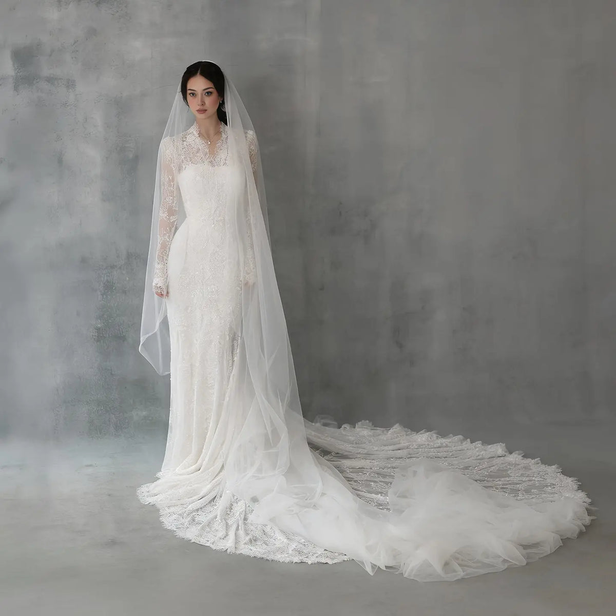 Elegant Lace High Neck Long Sleeve Train Mermaid Wedding Dress with Veil SW274 