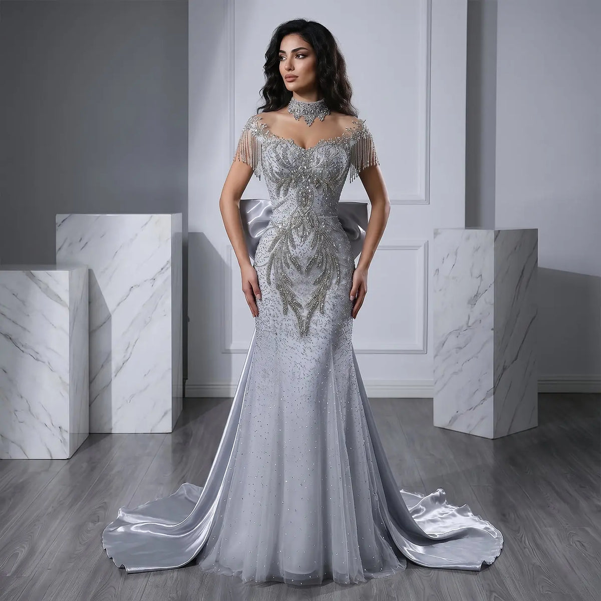 Luxury Silver Gray Beaded Train Evening Dress with Bow Tie and Necklace SS722