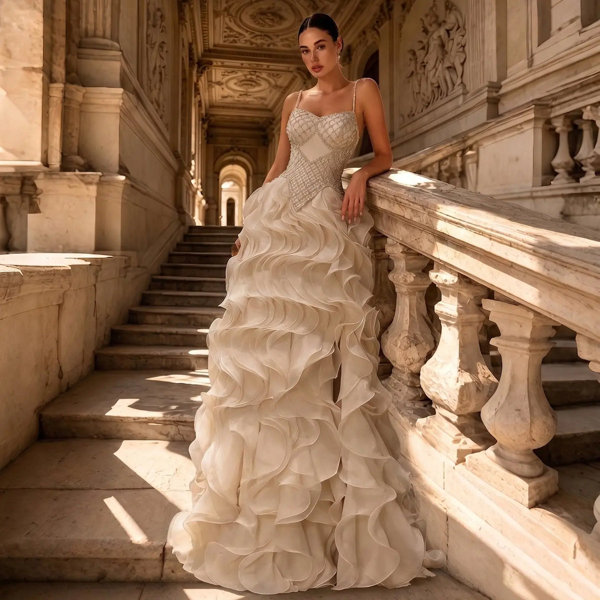 Sophisticated Beige Corset Bodice Ruffled Skirt Beaded Evening Dress SS257
