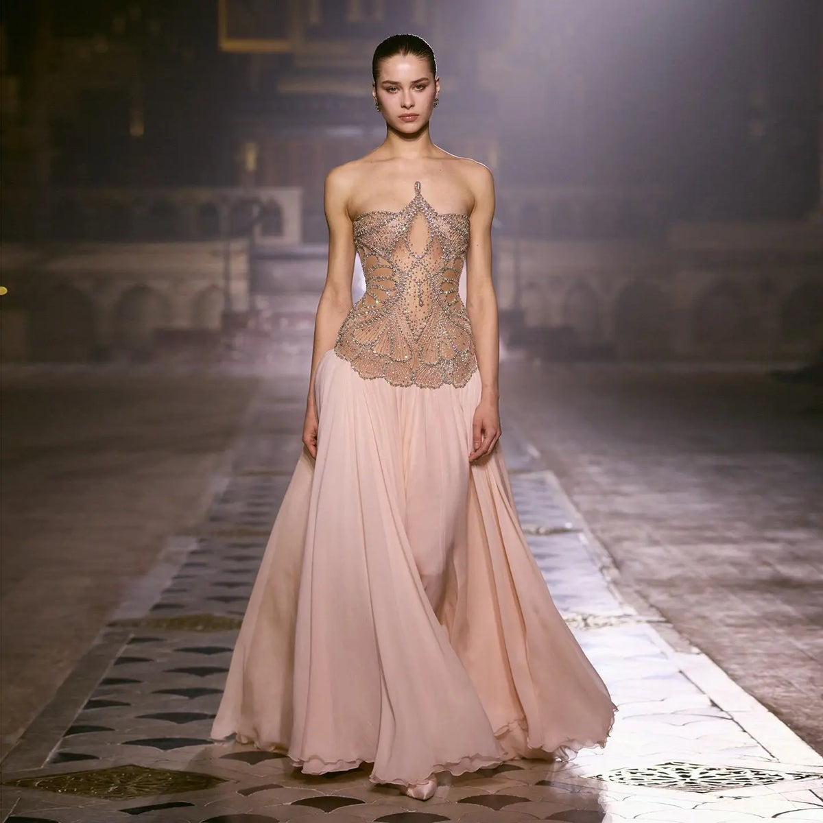 Blush Pink Strapless Corset Beaded Prom Evening Dress SS203