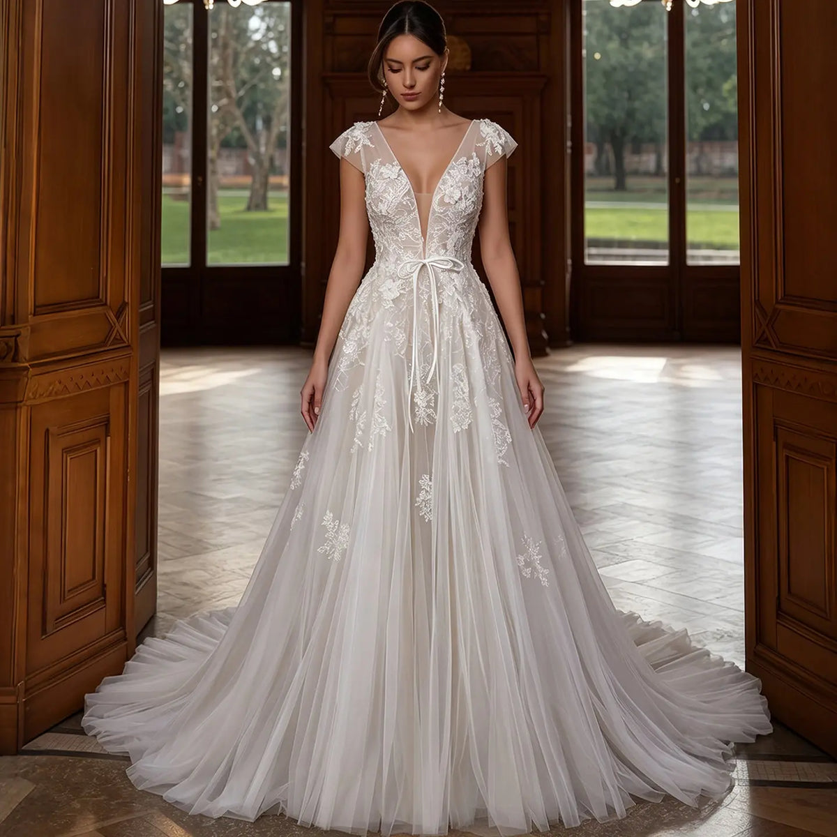 Elegant White V-Neck Cap Sleeve A-Line Lace Tulle Wedding Dress SW711