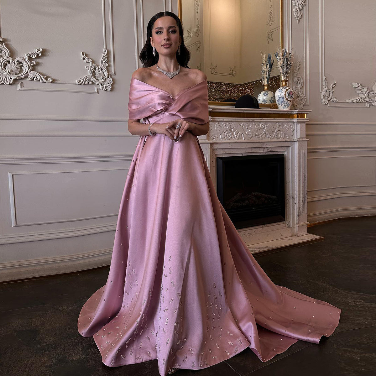 Sharon Said Luxury Dubai Pink Satin Evening Dresses with Train 2024 Elegant Off the Shoulder Arabic Women Wedding Party Gowns SS481