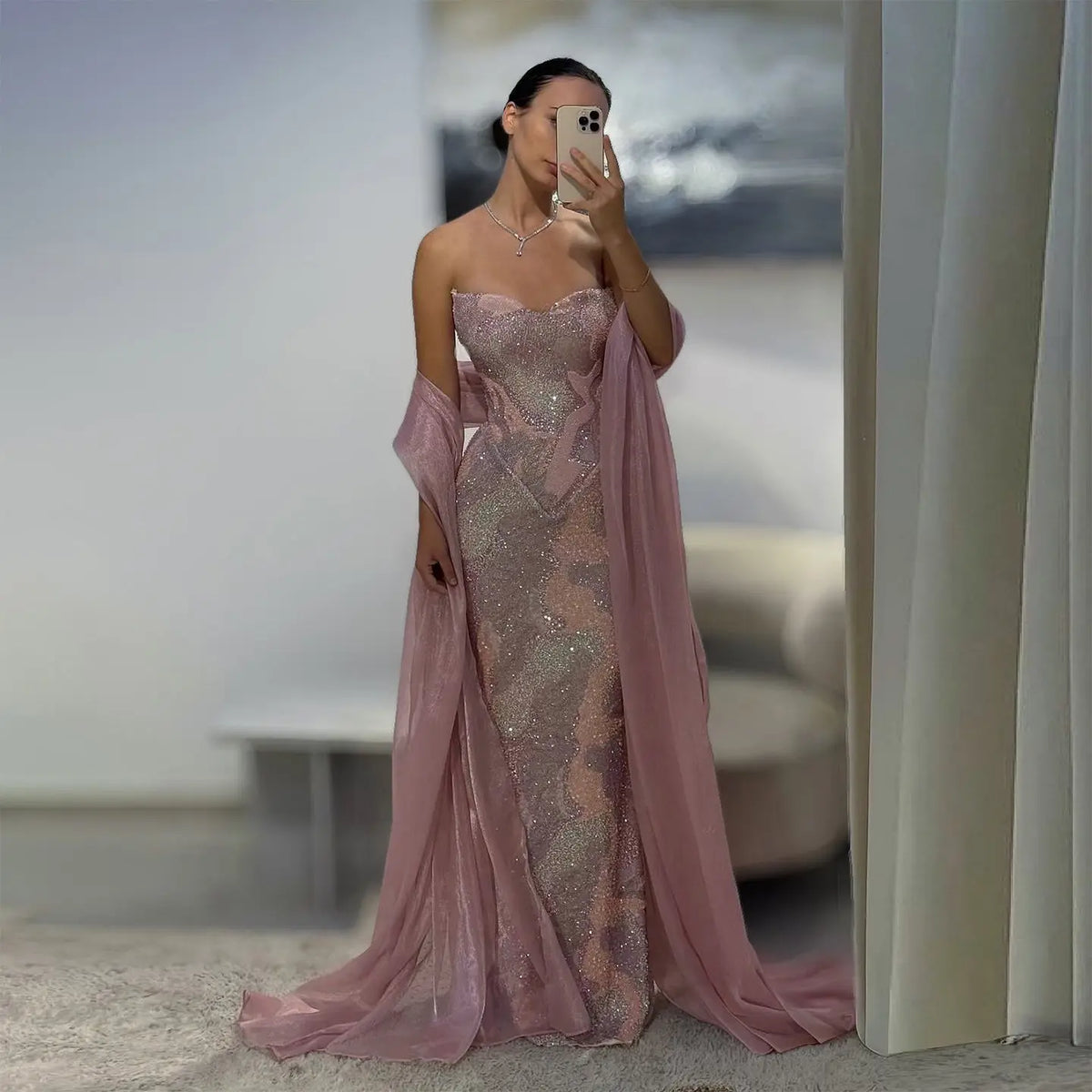 Elegant Pink Crystal Embellished Mermaid Evening Dress with Cape SS658