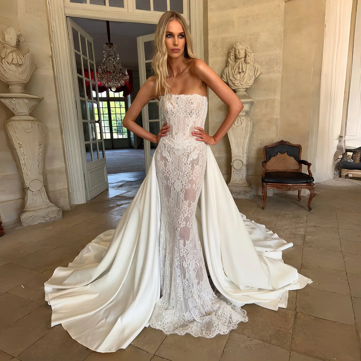 Luxury Strapless Lace Mermaid Wedding Dress with Overskirt SW226