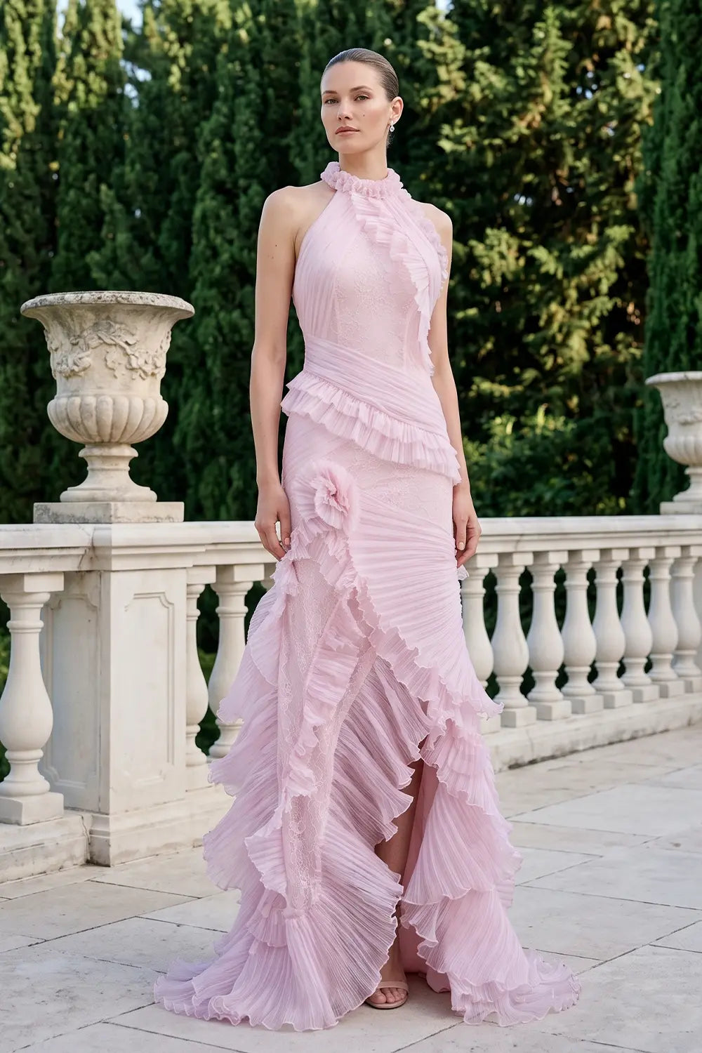 Pink Lace Halter Neck Ruffle Mermaid Evening Dress SF216