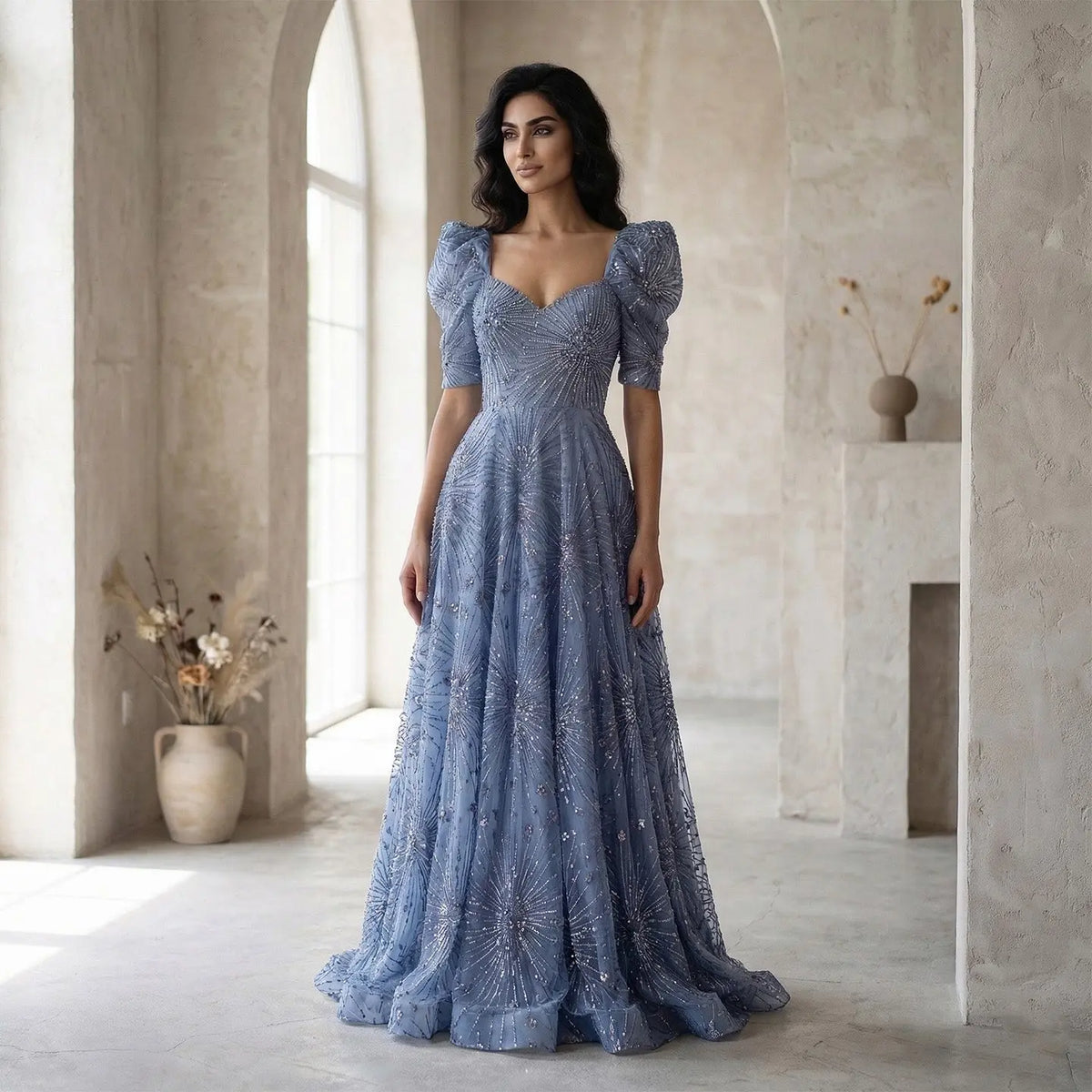 Glamorous Blue Puff Sleeve Sweetheart Neck Beaded Evening Dress SS080 