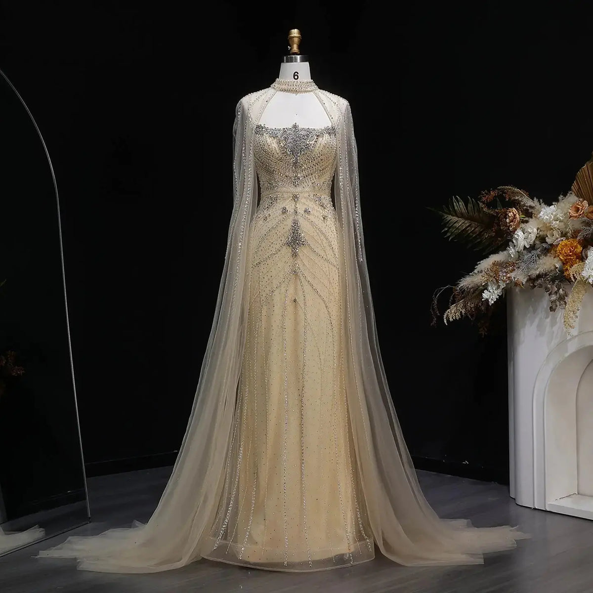 Luxury Champagne Halter Neck Cape Sleeve Beaded Evening Dress SS131 
