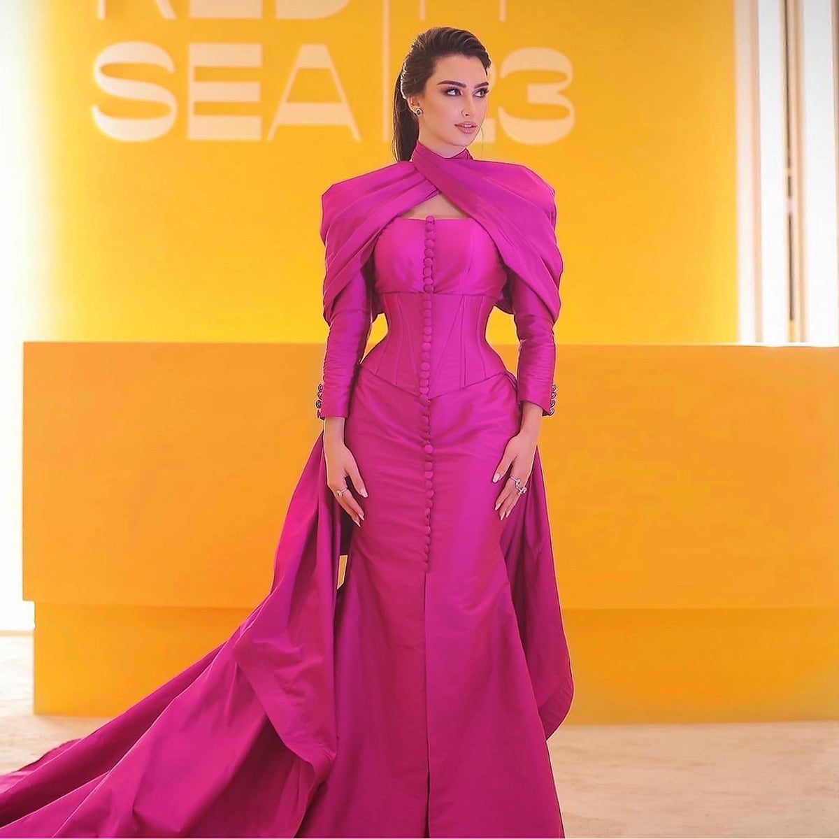 Sharon Said Classic Fuchsia Mermaid Celebrity Evening Dress with Overskirt Corset Long Sleeves Arabic Women Wedding Party Gowns SF030