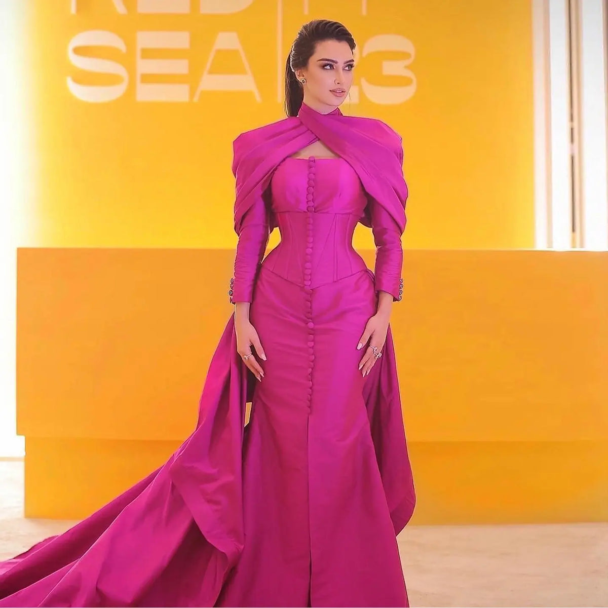 Fuchsia Mermaid Evening Dress with Overskirt Corset Long Sleeves SF030 Fuchsia Mermaid Evening Dress with Overskirt Corset Long Sleeves SF030