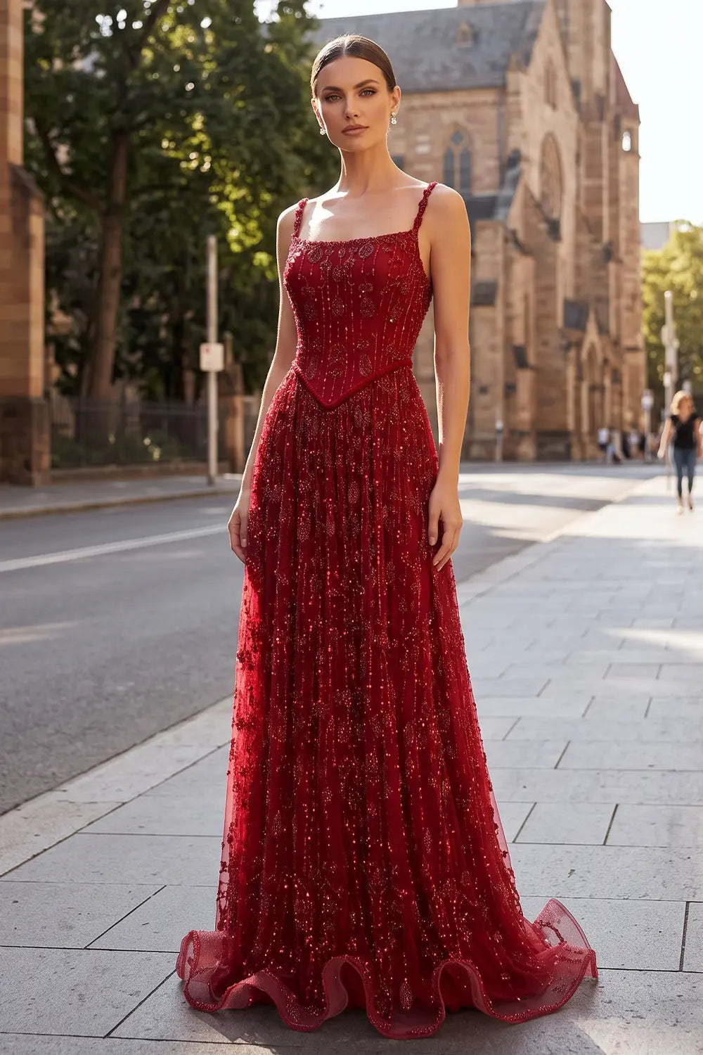 Sage Wine Red Spaghetti Strap Evening Dress SS693