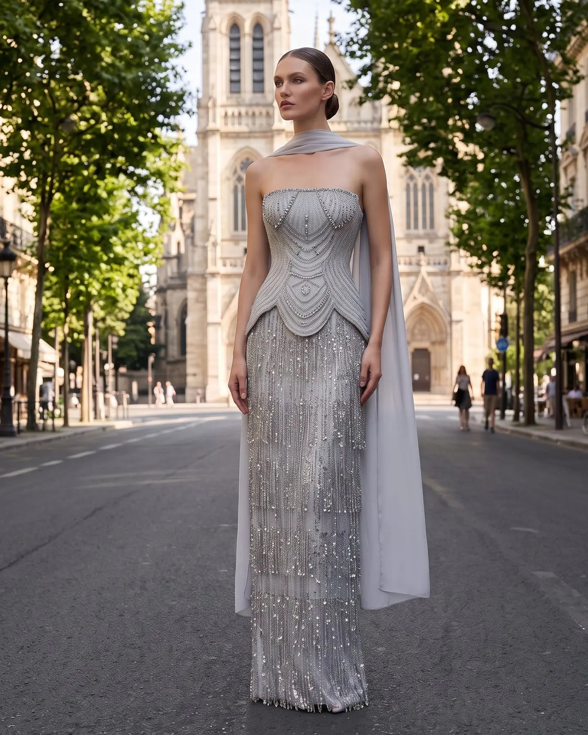 Gray Beaded Fringe Floor Length Evening Dress SS255