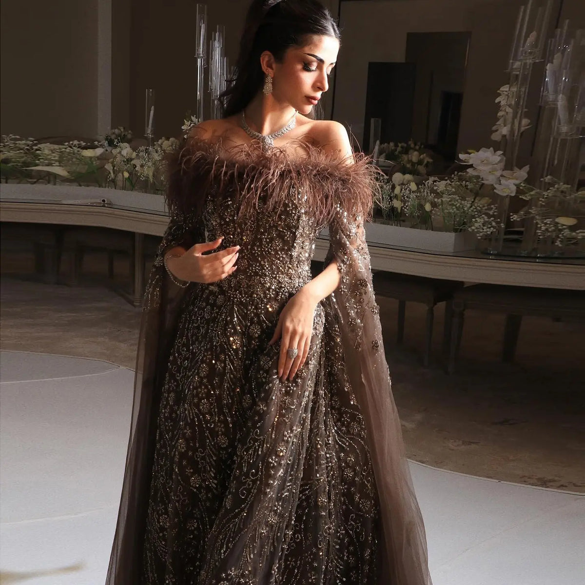 Off Shoulder Feathers Brown Evening Dress with Cape Sleeves SS707 - SHARONSAID Off Shoulder Feathers Brown Evening Dress with Cape Sleeves SS707 - SHARONSAID