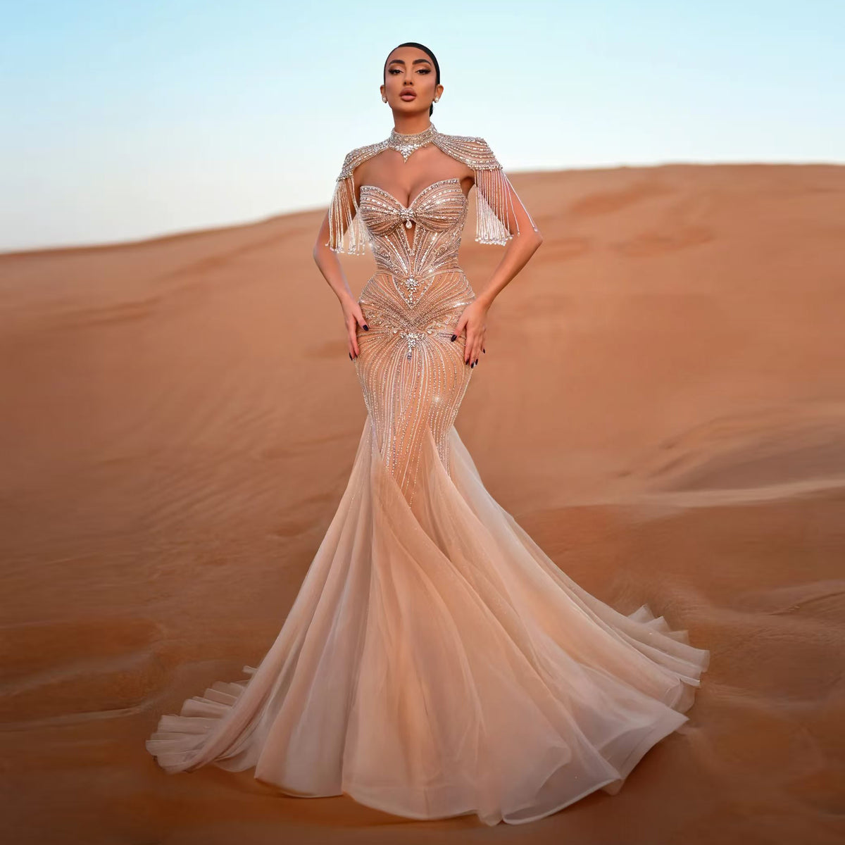 Luxury Champagne Beaded Crystal Evening Dress with Tassel Shoulder SS021 