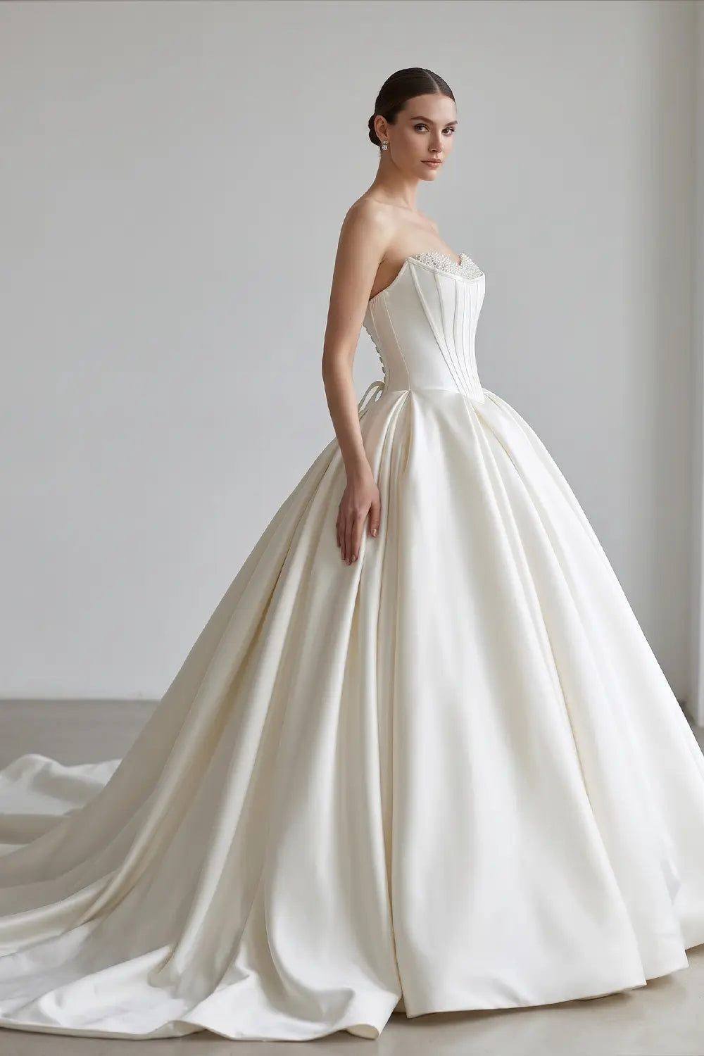 White Pearl Strapless Ball Gown Wedding Dress SW586