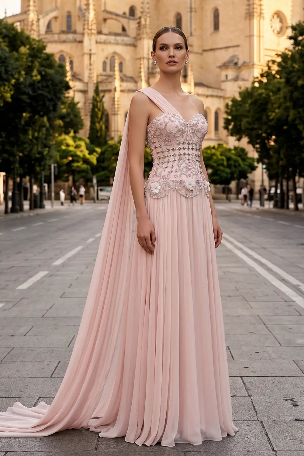 Blush Pink 3D Floral Cape Evening Dress SS285