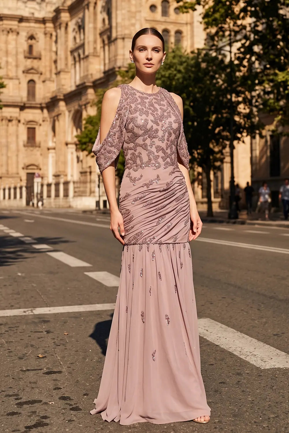 Luxury Beaded Mauve Snap Sleeves Evening Dress SS559