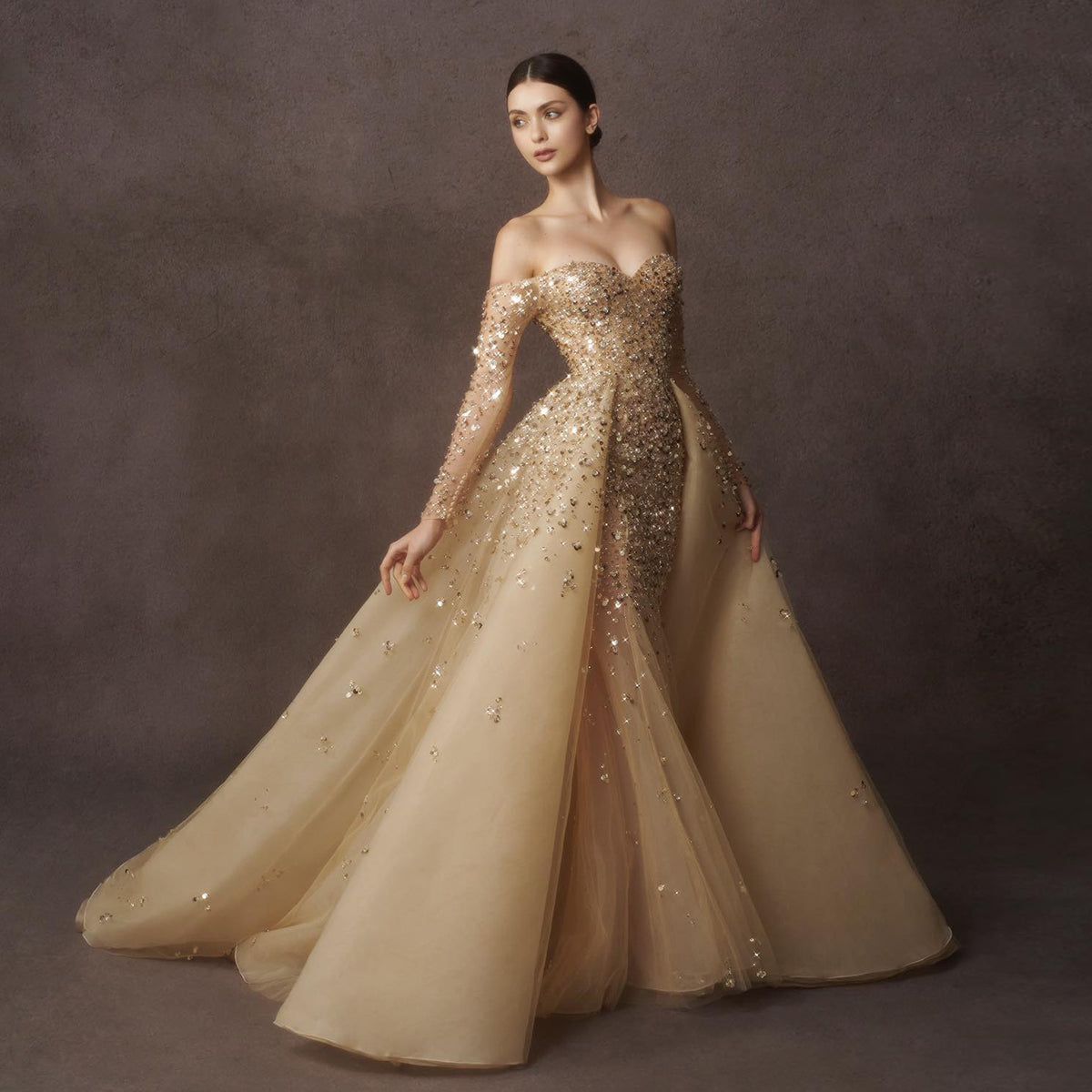 Sharon Said Luxury Dubai Champagne Gold Mermaid Evening Dress with Detachable Overskirt Off Shoulder Arabic Wedding Party SS410