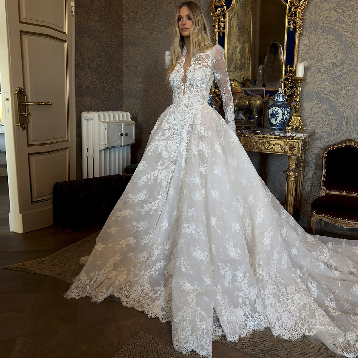 Luxury High Neck Sequin Long Sleeve Lace A-Line Wedding Dress SW211