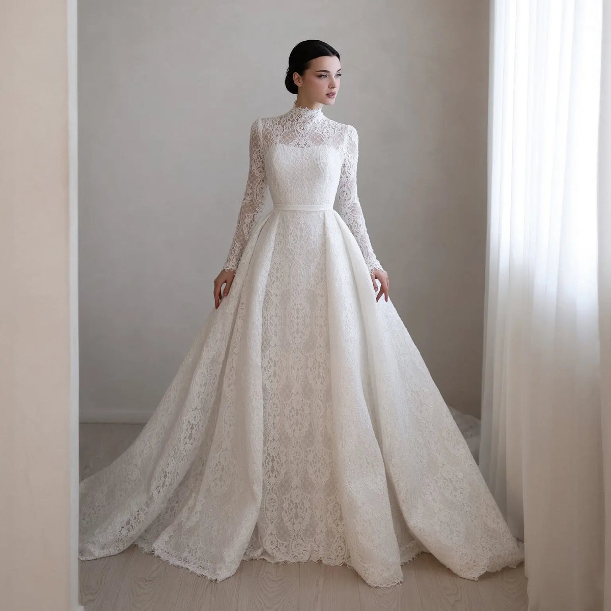 Lace High-Neck Ball-Gown Wedding Dress in Ivory, Ivory / 20 Lace High-Neck Ball-Gown Wedding Dress in Ivory, Ivory / 20