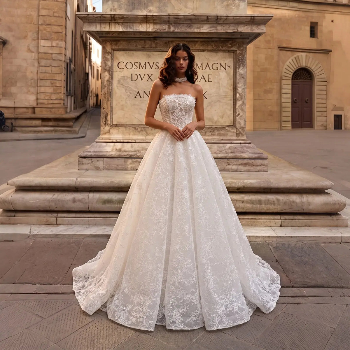 White Strapless Lace Ball Gown Wedding Dress SW611
