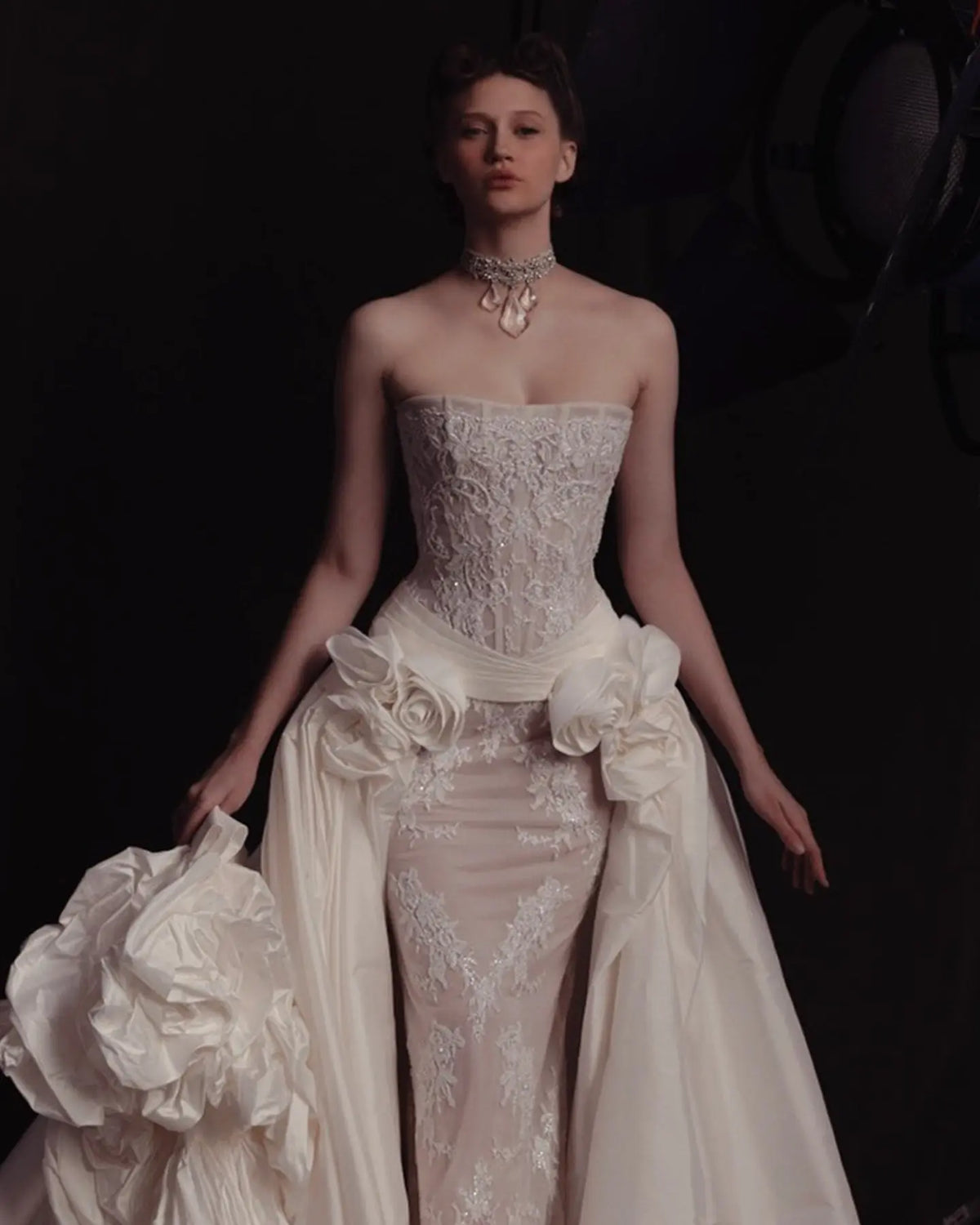 Luxury Strapless Lace 3D Floral Wedding Dress with Overskirt SW598 