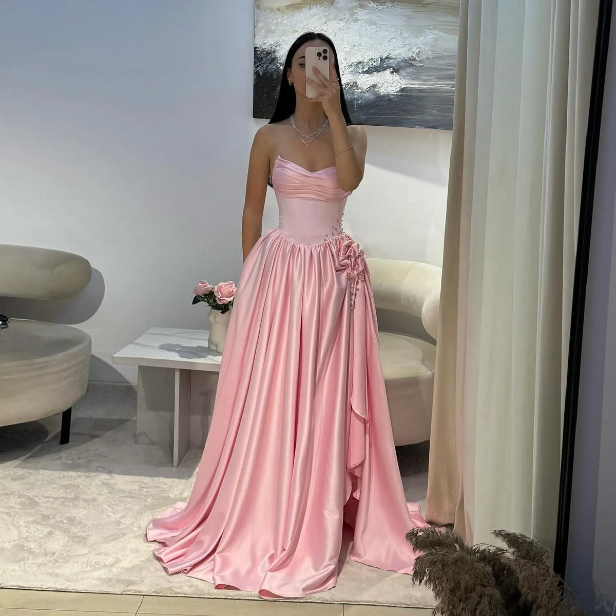 Pink Crystal Strapless High Slit Elegant Evening Dress SH552