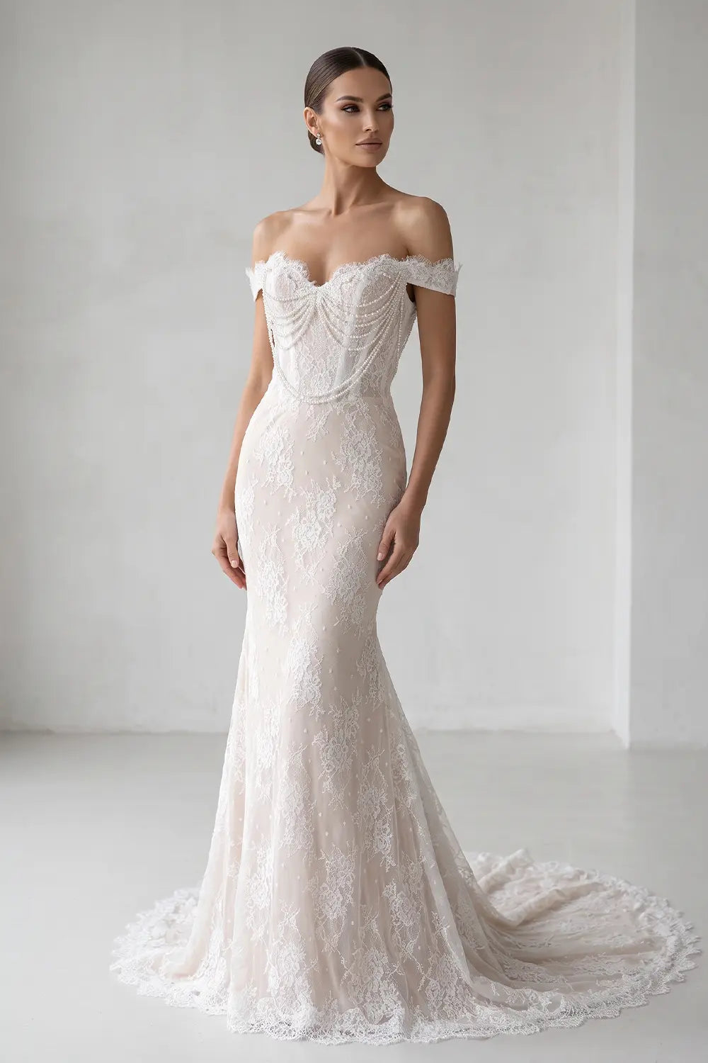 Ivory Beaded Lace Tulle Ball Gown Dress SW177