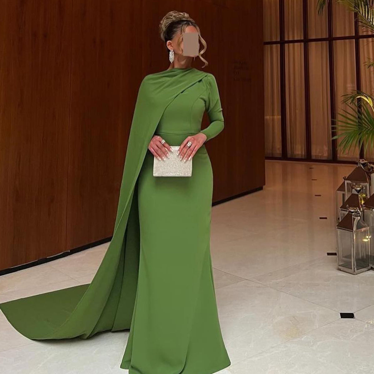 Elegant Green Long Sleeves Evening Dress with Cape SF068