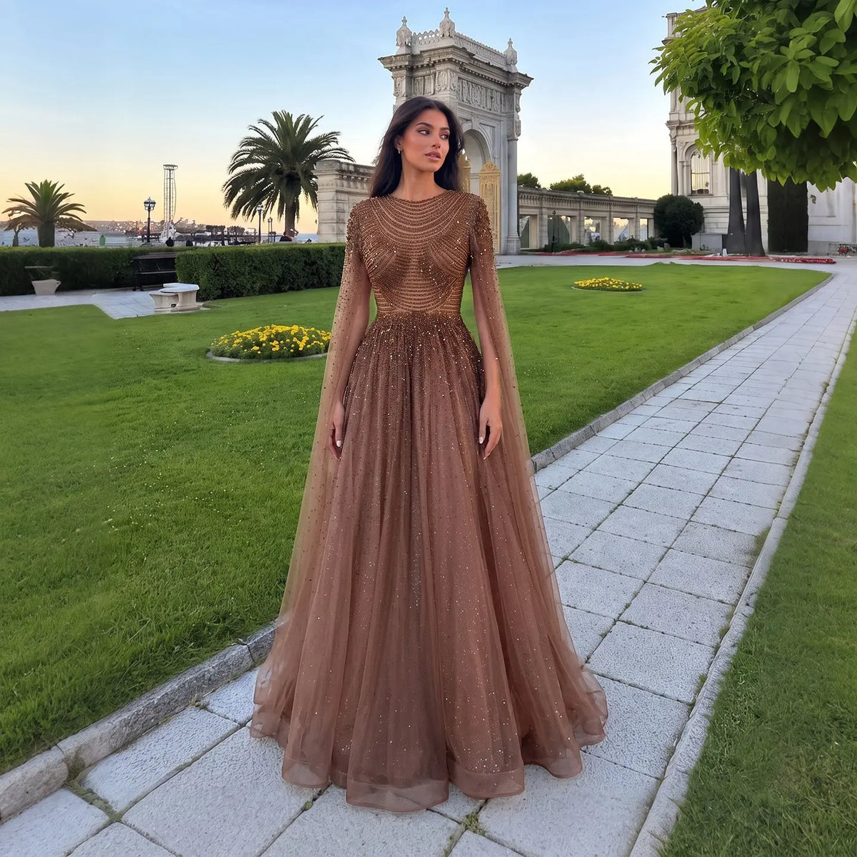 Luxury Rhinestone Tulle A Line Formal Gown Long Cape Sleeve Party Evening Dress SS059