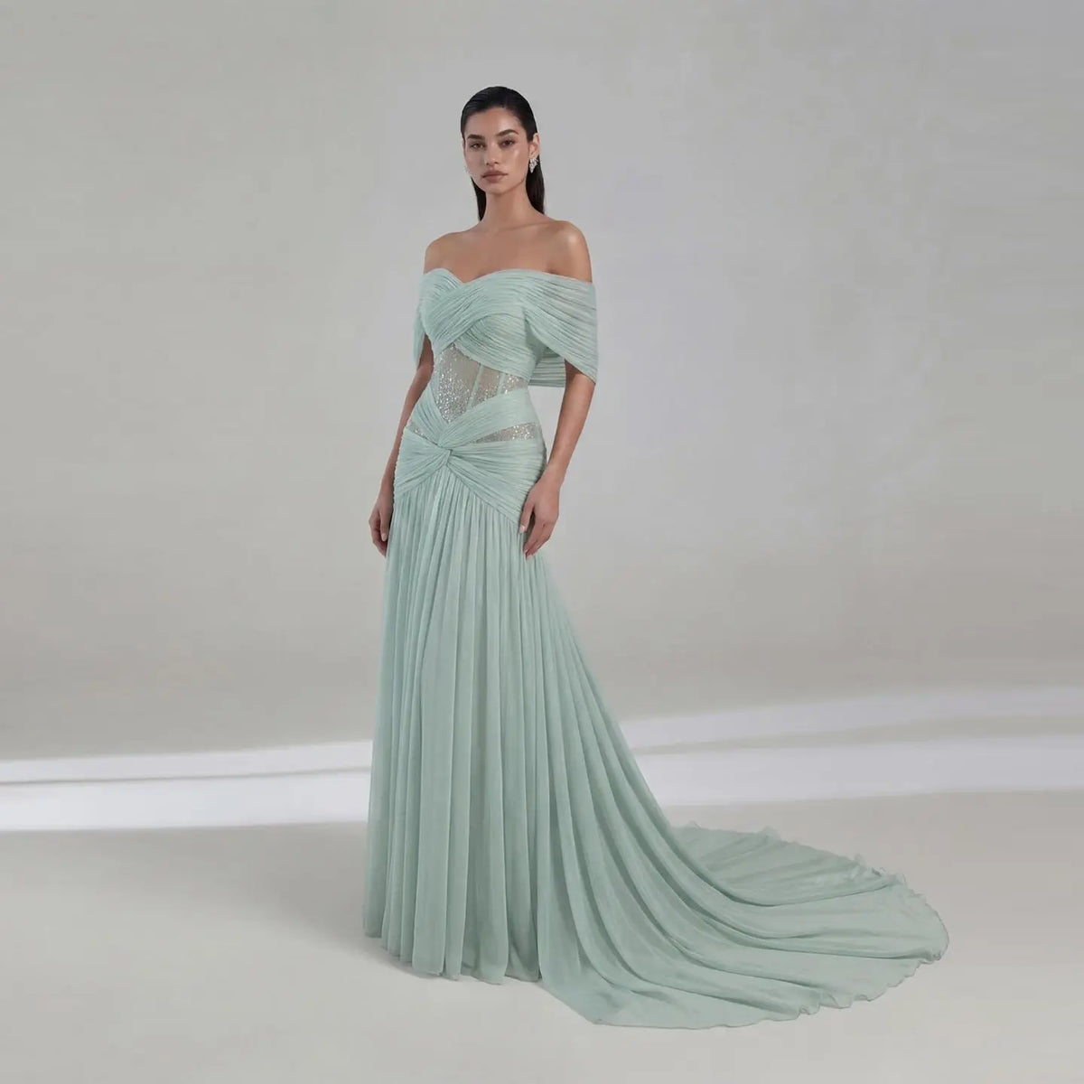 Mint Aqua Pleated Corset Evening Gown Train Dress SF244