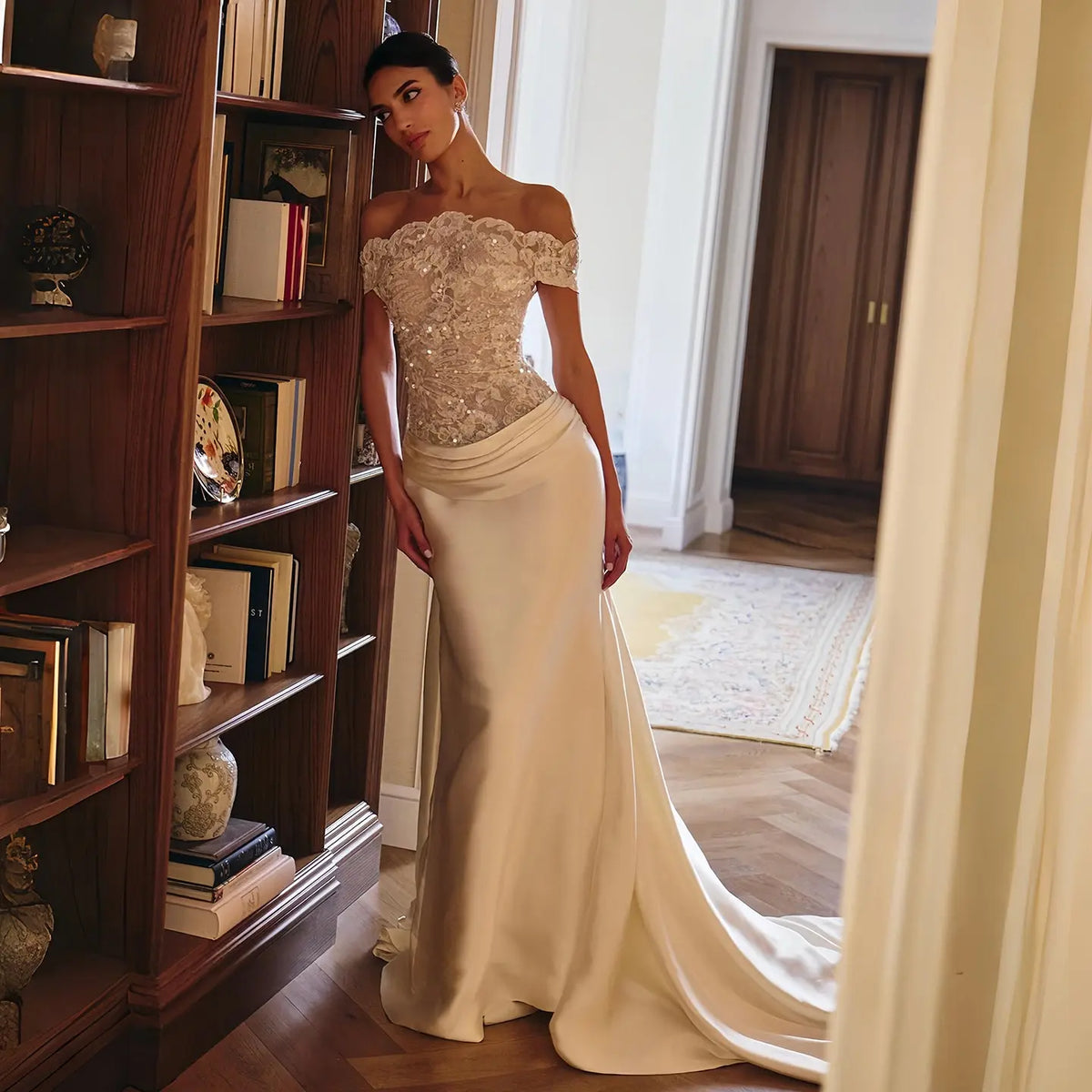 Luxury Off-the-Shoulder Lace and Satin Mermaid Wedding Dress with Veil SW231