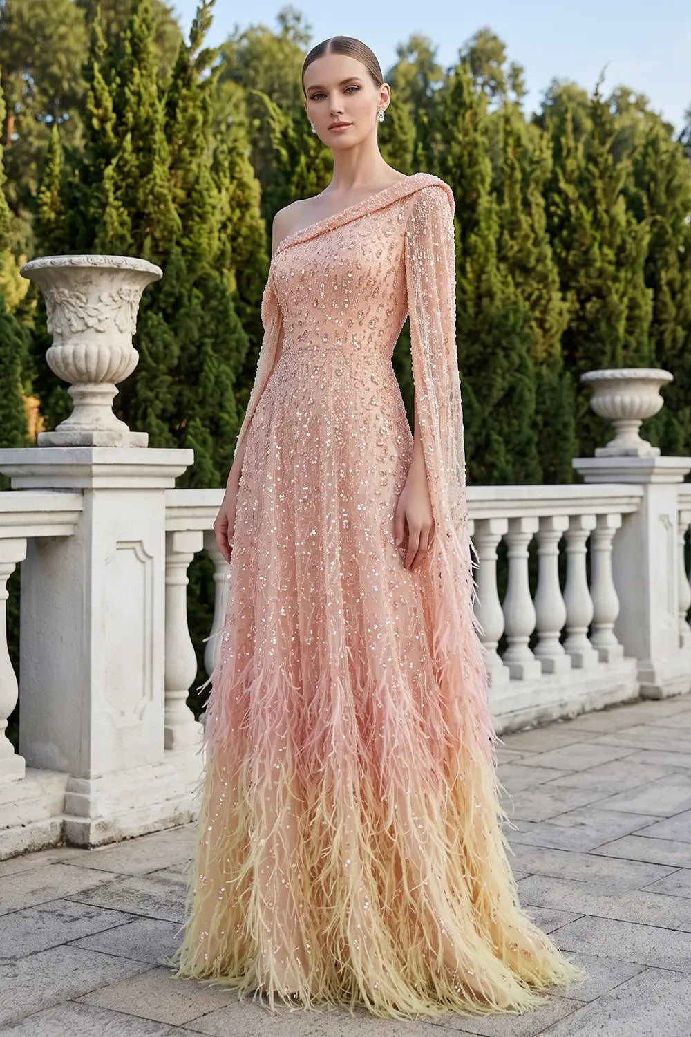 Luxury Feather One Shoulder Evening Dress SS438