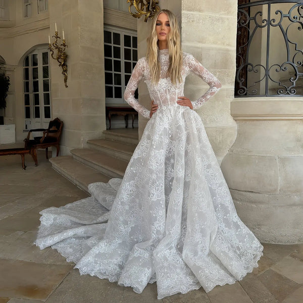 Elegant White High Neck Long Sleeve Lace A-Line Wedding Dress SW227