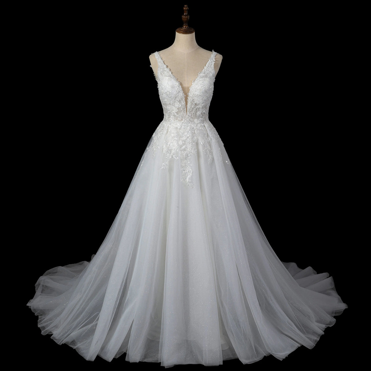 Dreamy White Glitter Tulle Wedding Dress with Lace Bodice and Corset Back SW710